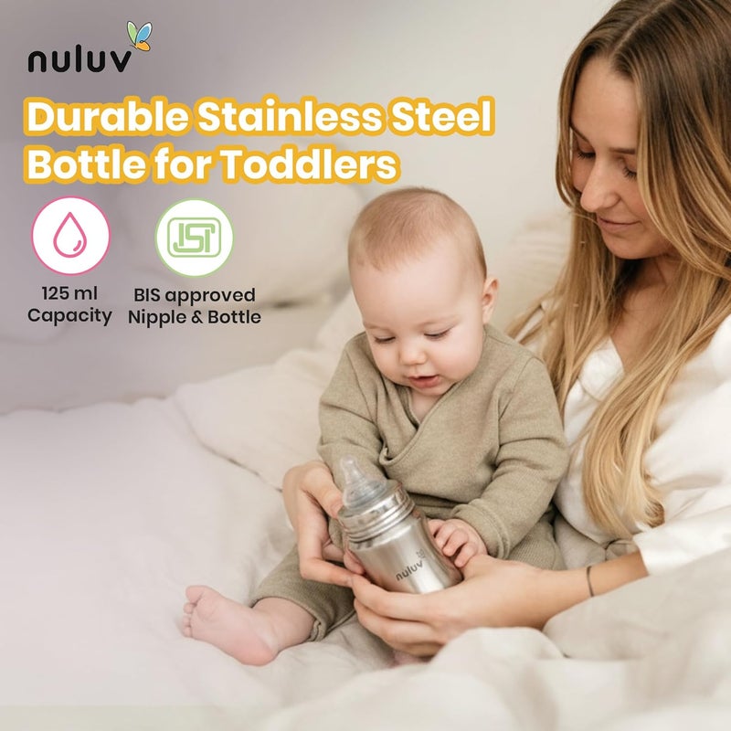 Nuluv Nourish+ Stainless Steel Wide Neck Feeding Bottle 125ml with Anti-Colic Silicone Nipple - Image 4
